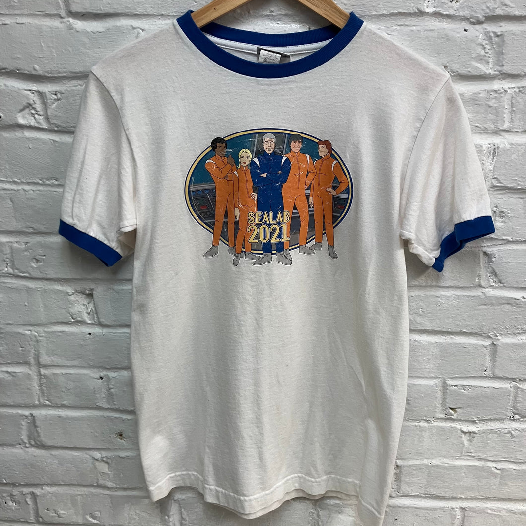 Vintage Sealab 2021 shirt with blue ringer sleeves and collar. Women's fitted Cartoon Network Adult Swim retro show