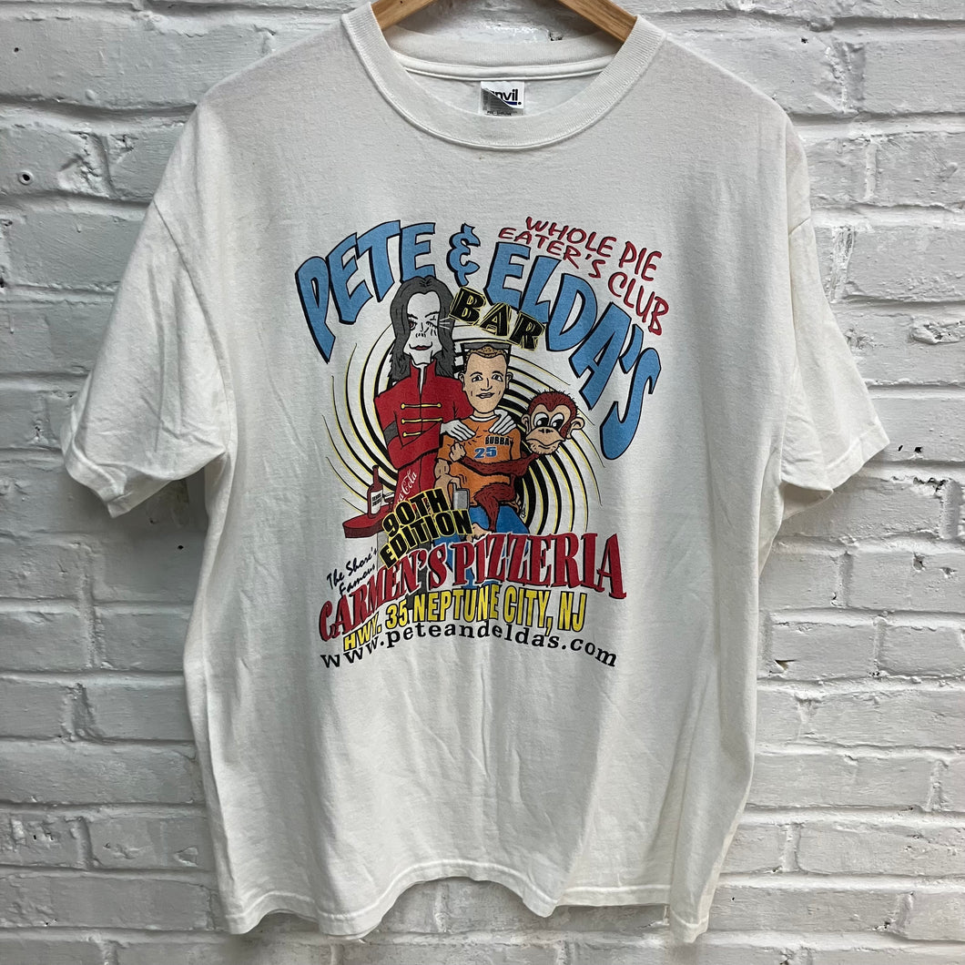 Rare Michael Jackson retro shirt with blanket and monkey art. Vintage Pete & Elda's Whole Pie Eaters shirt for sale retro pizza t-shirt design
