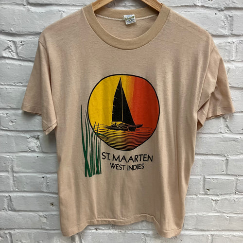 Vintage soft St. Maarten shirt featuring a retro sailboat graphic in the sunset. Retro t-shirt sale!