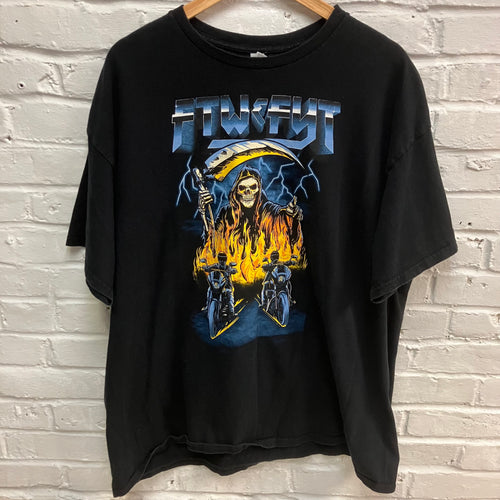 Indie brand FTW & FYT shirt with a biker and Grim Reaper screen printed graphic with motorcycles and tattoo art