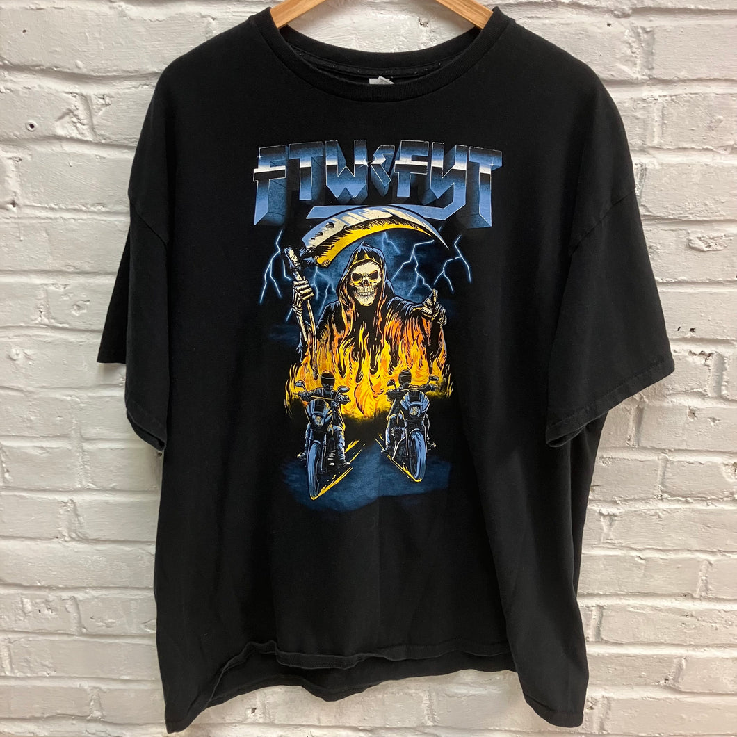 Indie brand FTW & FYT shirt with a biker and Grim Reaper screen printed graphic with motorcycles and tattoo art