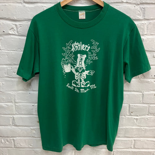 Vintage green shirt from Sault Ste. Marie, Michigan. Retro white screen print graphic with a beer drinking man with antlers Elks Lodge or Moose Lodge t-shirt for sale