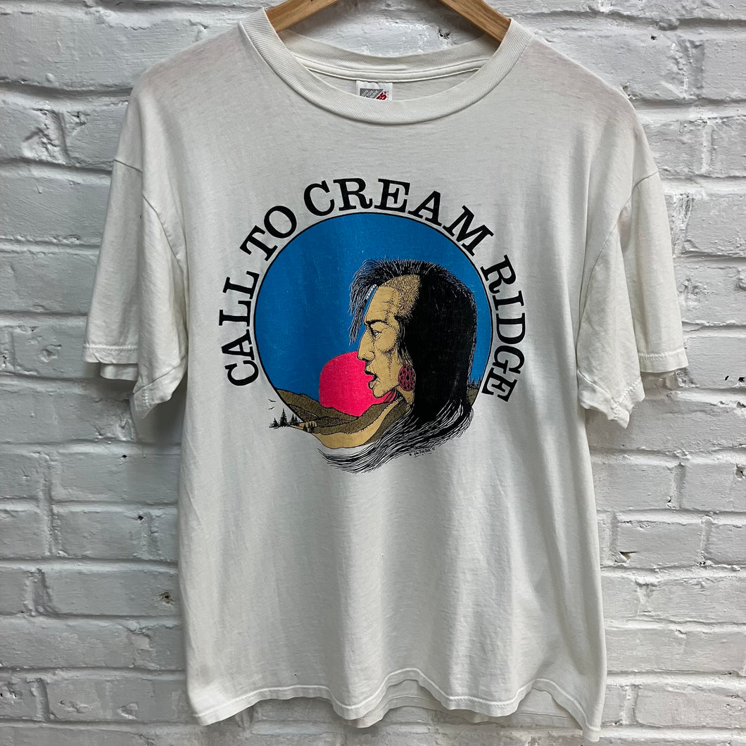 Vintage Call to Cream Ridge shirt with Native American and sunset graphic screen printed.