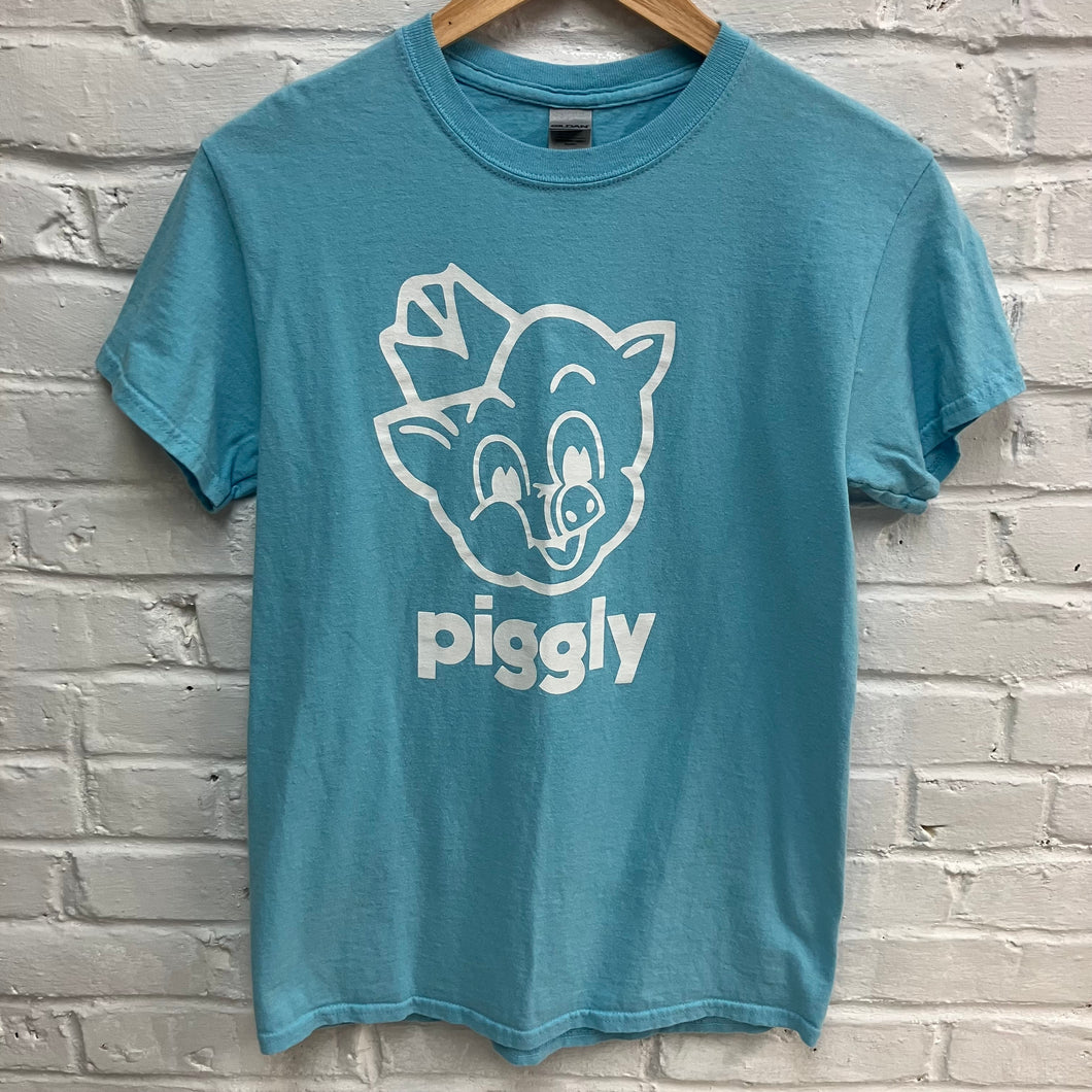 Blue Piggly Wiggly shirt for sale from Oostburg Wisconsin. Pig butt on back, pig face on front.