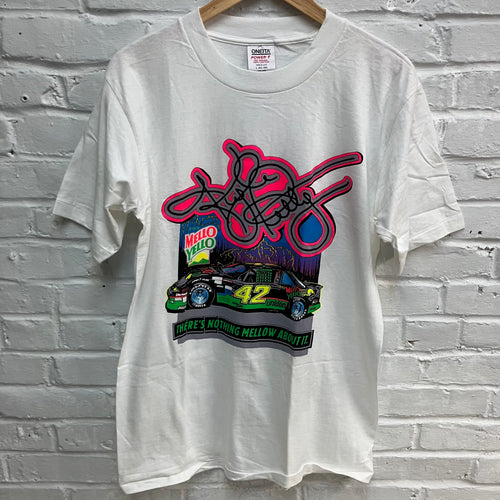 New Old Stock!!!! Vintage Kyle Petty NASCAR shirt featuring his legendary Mello Yello car with neon screen print colors and large bold graphics