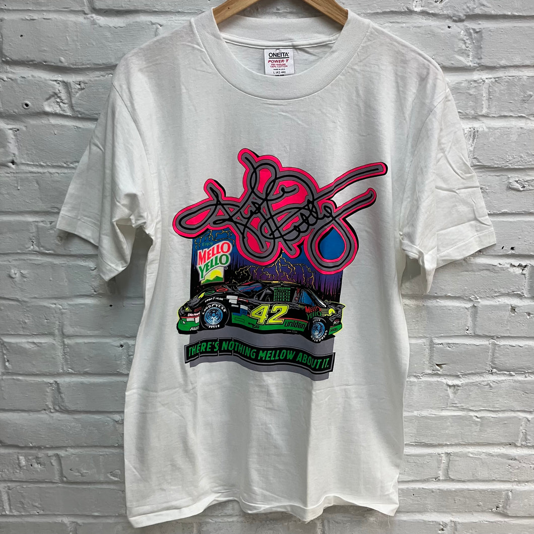 New Old Stock!!!! Vintage Kyle Petty NASCAR shirt featuring his legendary Mello Yello car with neon screen print colors and large bold graphics