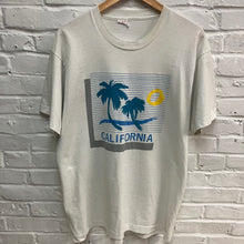 Vintage California t-shirt for sale with a retro palm tree and sunset graphic screen print