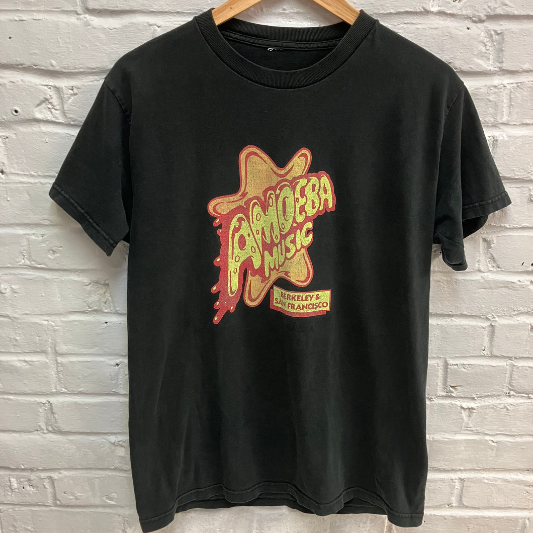 Classic black t-shirt from Ameoba Music in California (San&nbsp; Francisco and Berkeley). Screen printed graphic for sale.