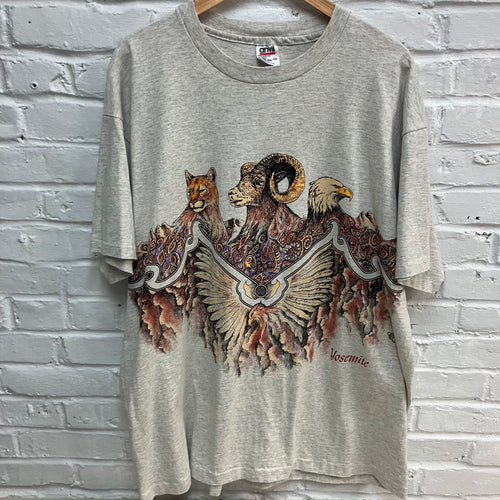 Vintage Yosemite shirt for sale featuring a mountain lion, ram, and bald eagle.