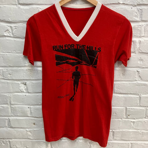 1982 Run for the Hills vintage v-neck shirt ringer red and white Iron Maiden parking lot merchandise for sale heavy metal band merch