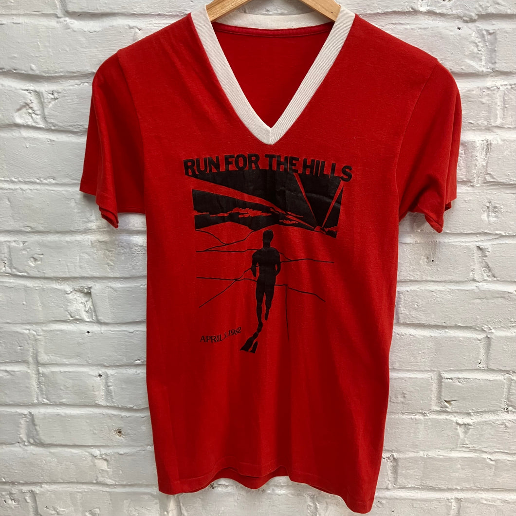 1982 Run for the Hills vintage v-neck shirt ringer red and white Iron Maiden parking lot merchandise for sale heavy metal band merch