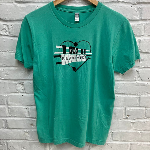 Y2K American Apparel womens fitted t-shirt for sale with The Brunettes band merch design on a green shirt