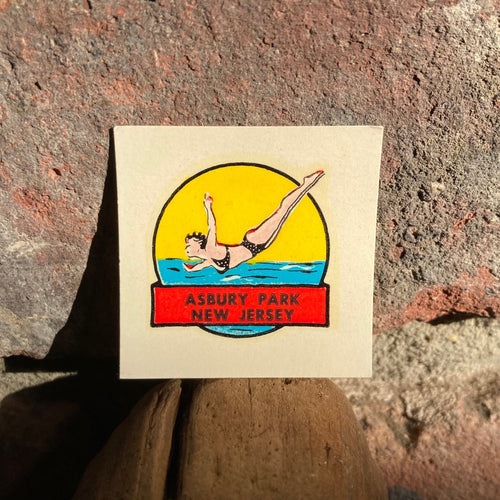 Authentic vintage Asbury Park New Jersey decal stickers for sale featuring a diving swimmer. Unused old NJ sticker collection available at Rad Shirts radcakes.com