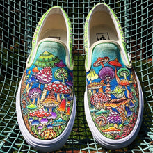 Unique Mushroom Sneakers for sale with  hand painted art unique one of a kind sneakers for collectors and art lovers, made in Manasquan NJ by Lauren D Wade by RAD Shirts Custom Printing