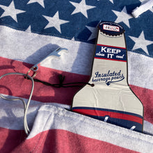 HUZU American Flag hooded sweatshirt for sale with Stars and Stripes pattern that comes with a built-ins can insulator holder and security pocket with bottle opener