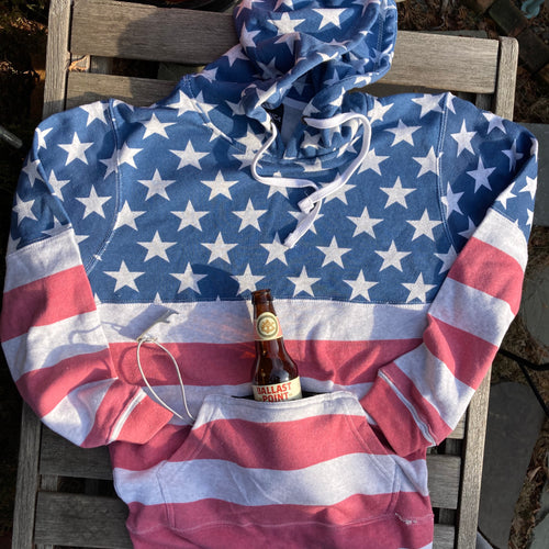 American Flag hooded sweatshirt for sale with beer can holder koozie and bottle opener for sale Stars and Stripes Patriotic design for 4th of July AMERICA 'Merica!