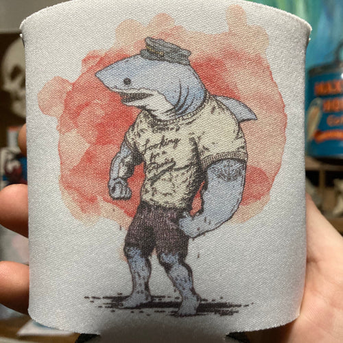Shark Man Beer koozie weird-oh muscle man shark creature art by Ryan Wade
