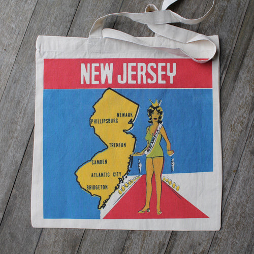 Vintage NJ decal design tote bag with Miss America New Jersey pageant winner