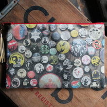Punk Rock pinback button fashion bag for sale with Buzzcocks, Devo, Lou Reed and other rock and roll bands featured art.
