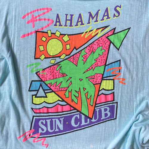 Vintage 1980's Bahamas Sun Club shirt for sale with neon puffy ink design with retro shapes