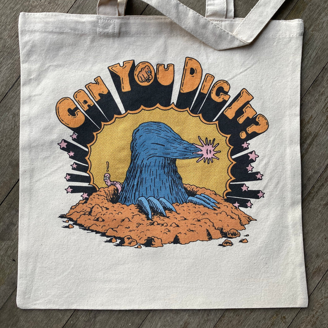 Can You Dig It tote bag with funny mole cartoon by NJ artist Ryan Wade. Available at RAD Shirts custom printing website radcakes.com