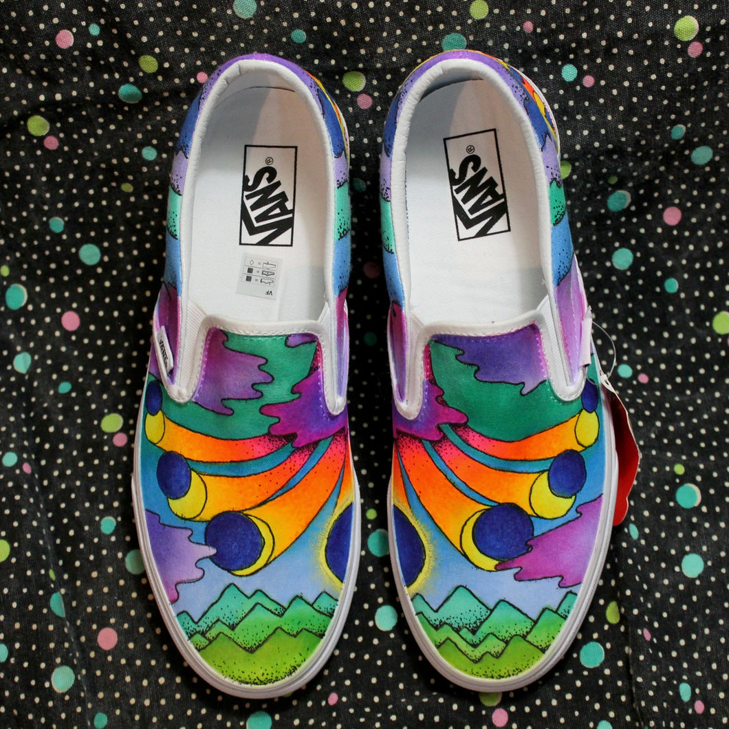 Total Solar Eclipse sneakers hand drawn custom Vans for sale Peter Max style artwork