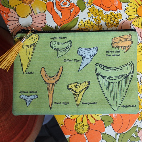 Fossil Shark tooth clutch bag for sale with ID Chart for collecting and going out. Available at RAD Shirts Custom Printing.