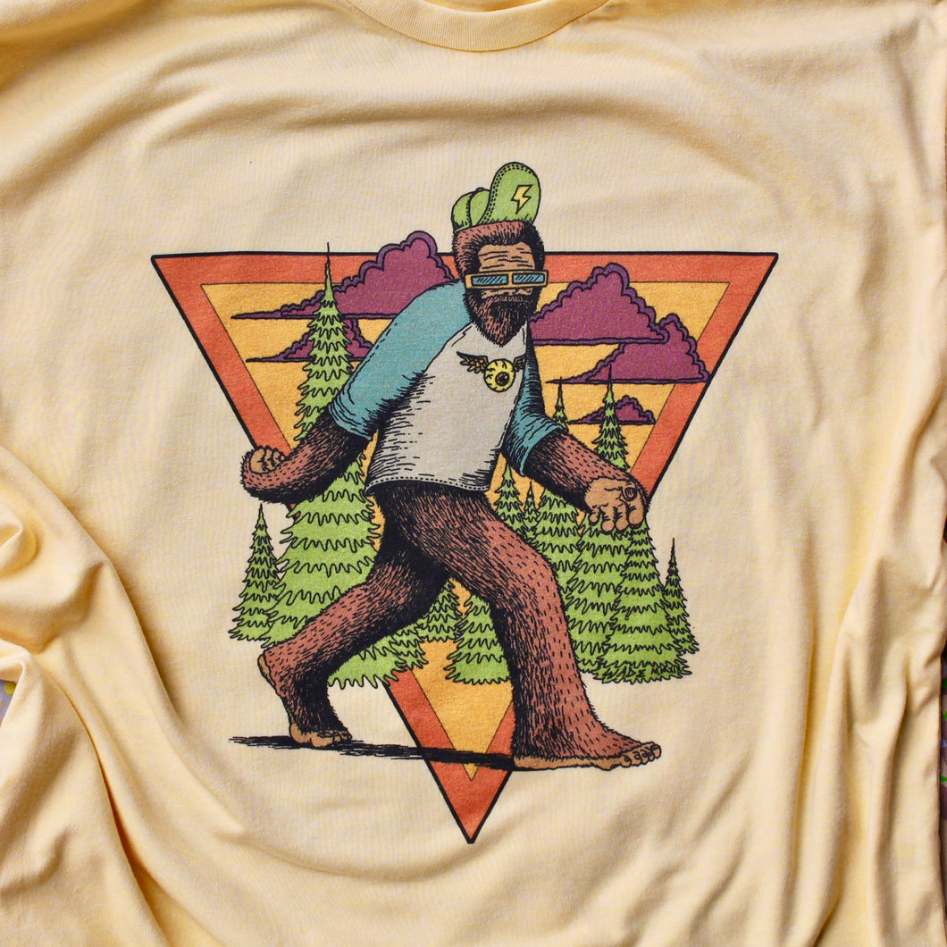 Big Foot shirt psychedelic trippy tshirt design for sale with Sasquatch hipster hiking tee by RYAN WADE