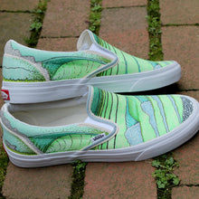 Surfing waves artwork design on custom Vans classic slip on sneakers