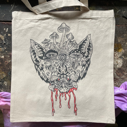 Mushroom Bat tote bag design by Space Bat Killer tattoo style design for sale