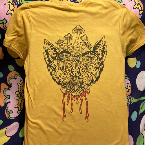 Mushroom Bat tshirt design for sale artwork by Space Bat Killer retro style tattoo design
