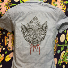 Blue striped button down collared shirt Bat Mushroom art design by Space Bat Killer for sale