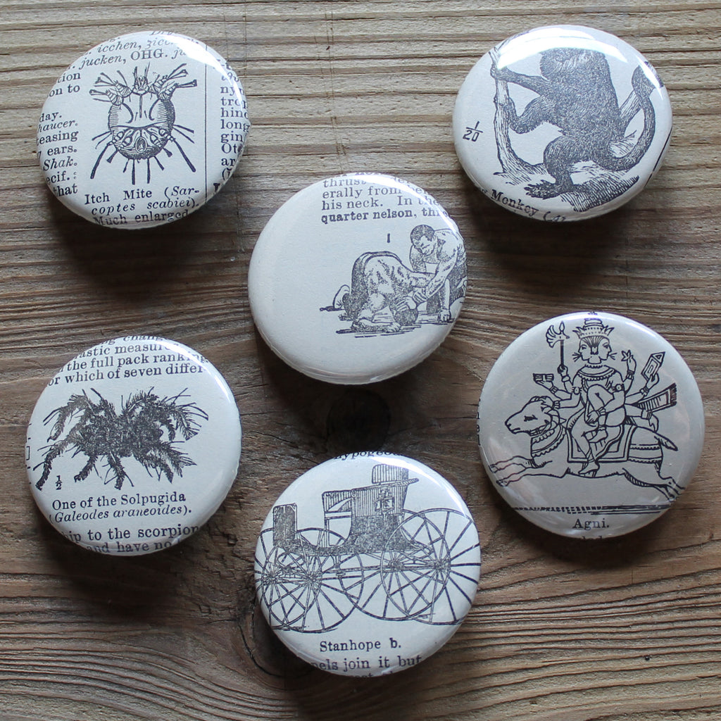 6 pinback buttons: Wrestlers, Monkey, Spider, and other antique images ...