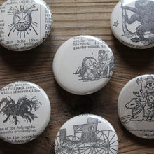 6 pinback buttons: Wrestlers, Monkey, Spider, and other antique images - RadCakes Shirt Printing