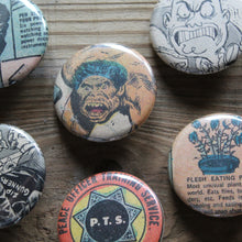 6 Vintage Comic Book pinback buttons: Caveman, Wolfman, Flesh Eating Plant, and more - RadCakes Shirt Printing