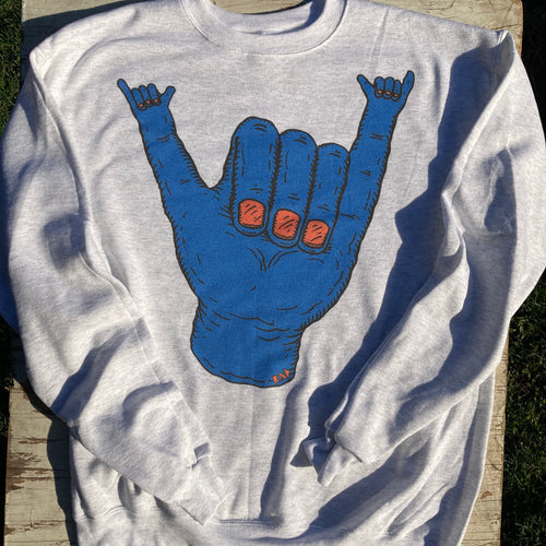 Funny Hang Loose crewneck sweatshirt design large hand RAD Shirts Hawaii skate art hand
