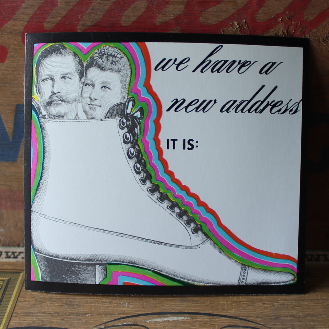 Vintage Change of Address card with Couple in a Shoe