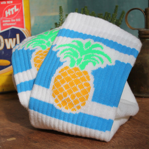 Pineapple tube socks for sale retro style funky skateboarding fashion 19870s hipster stripes