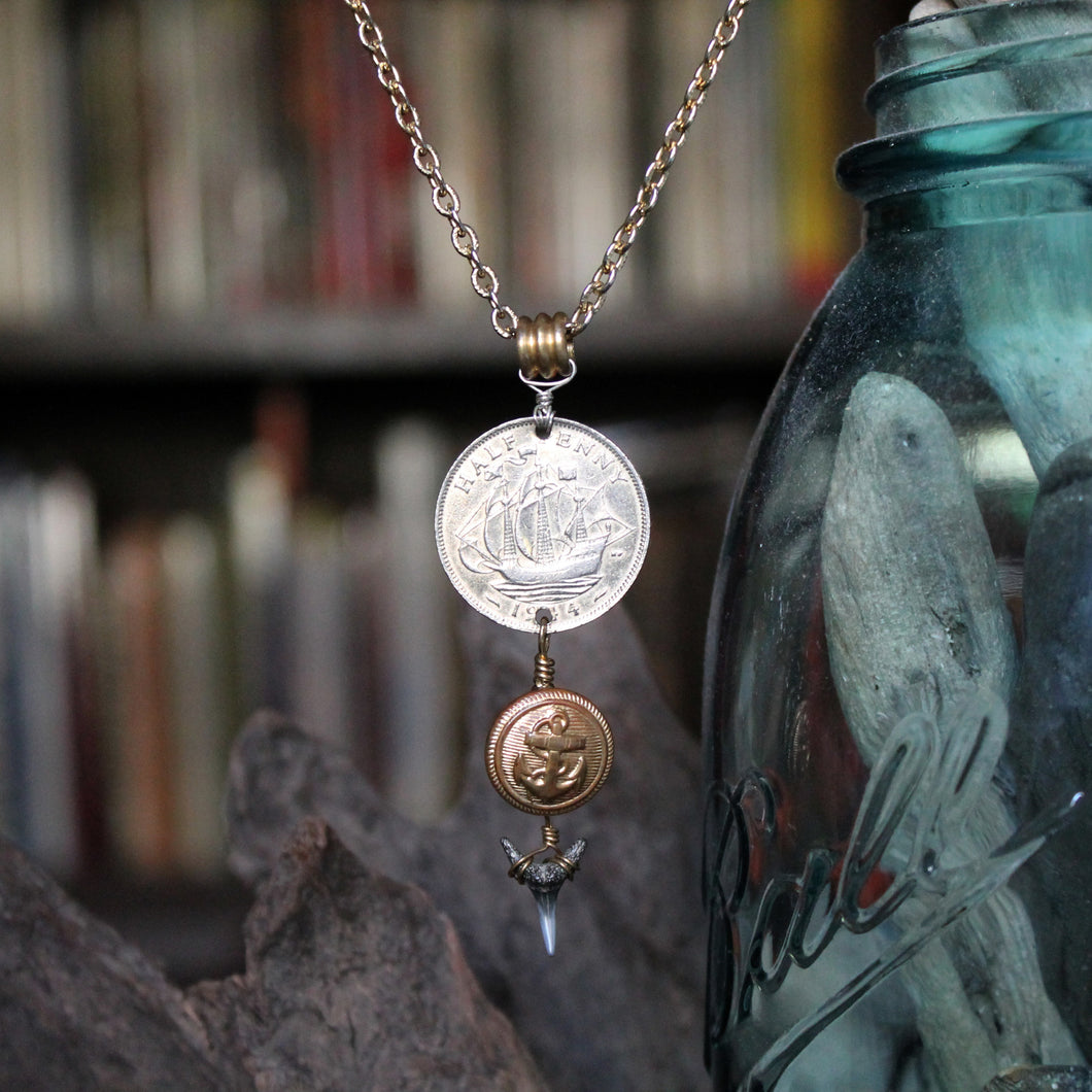 Long charm necklace with Shark Tooth & Ship Coin - RadCakes Shirt Printing