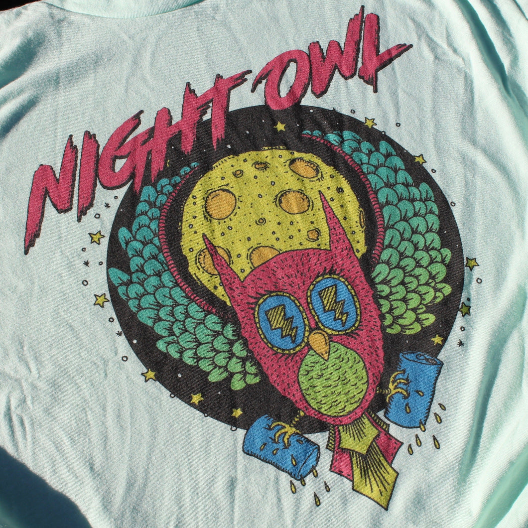 Night Owl shirt design retro 1980s style fashion tee with beer cans