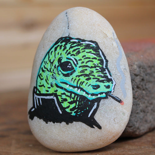 Greaser Lizard hand-painted paperweight rock