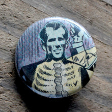 X Ray skeleton man pinback button made from an old horror comic book