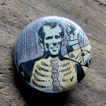 X Ray skeleton man pinback button made from an old horror comic book