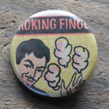 funny smoking fingers comic book ad pinback button by RadCakes printing NJ
