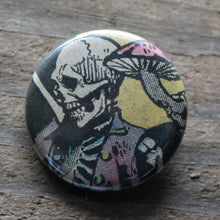 Skeleton pinback button with mushroom art by RadCakes buttons Manasquan NJ