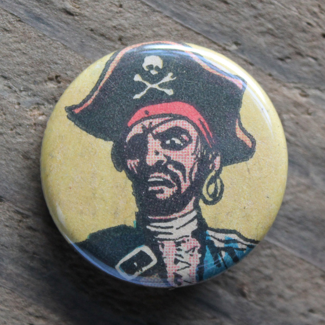 Old Pirate pinback button with hat eye patch and earring