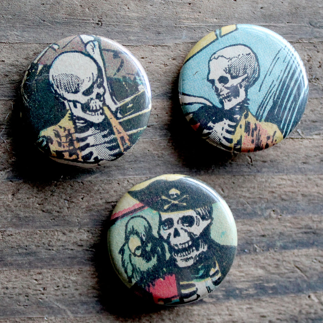 3 Pirate Skeleton pinback buttons - RadCakes Shirt Printing