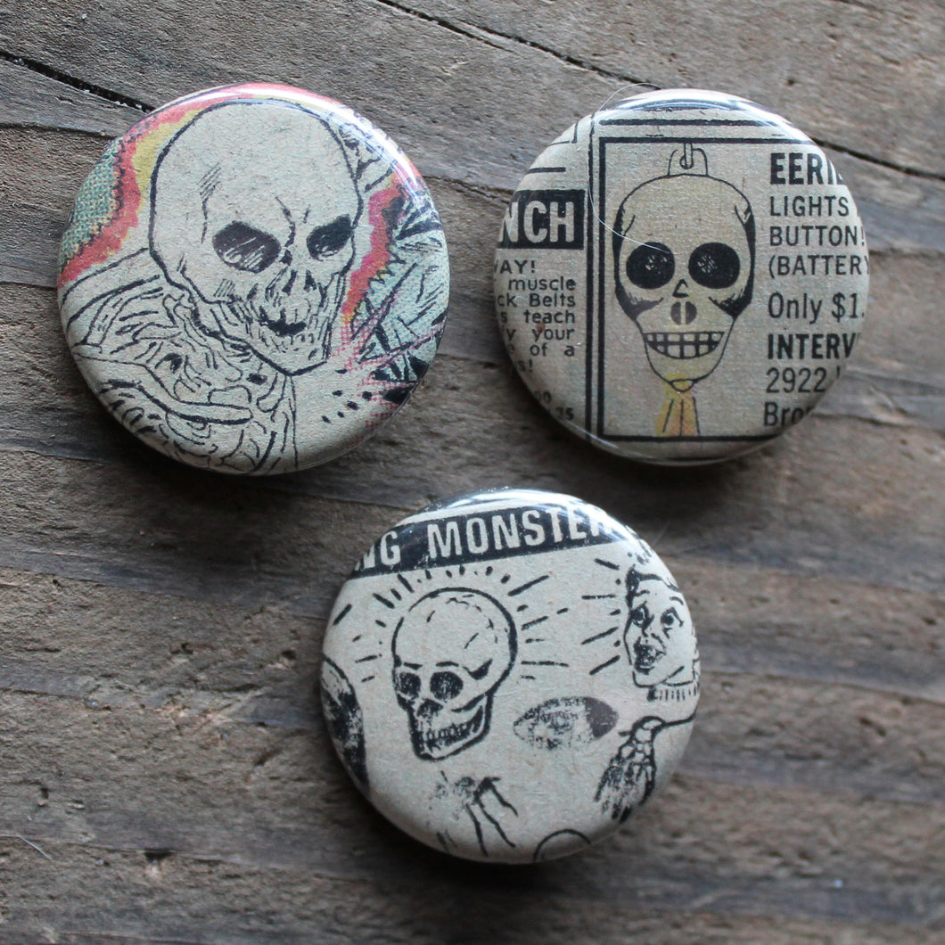 Collection of skull pinback buttons by RadCakes Belmar NJ