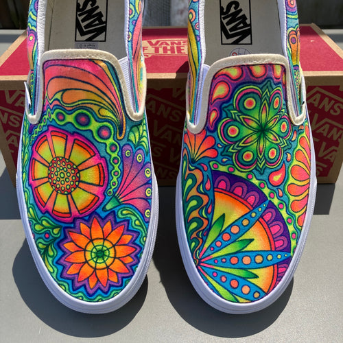 Psychedelic Vans Slip On Sneakers for sale hand painted by LD Wade of RAD SHIRTS Custom Printing in Manasquan NJ