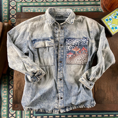 Hand painted Denim jacket with mushroom pocket by New Jersey artist Lauren Wade LD Wade Radcakes denim jacket art for sale